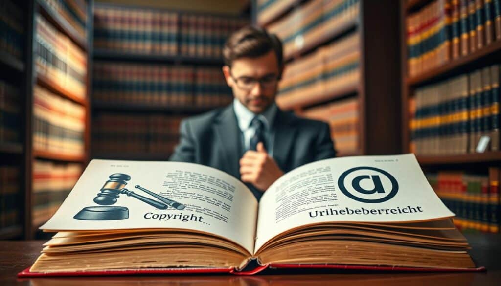 A visually engaging representation of "Copyright Differences in Legal Systems". In the foreground, two open books symbolize copyright and urheberrecht, their pages beautifully illustrated with contrasting legal symbols, like a gavel and a copyright seal. In the middle ground, a professional-looking figure in business attire examines the books, highlighting a thoughtful expression to convey the importance of understanding these legal distinctions. The background features a library setting filled with shelves of law books, bathed in soft, warm lighting to create an inviting atmosphere. Shot on a Sony A7R IV at 70mm, the scene is clearly focused and sharply defined, with a polarized filter enhancing the clarity and depth, making the viewer feel immersed in this educational scene.