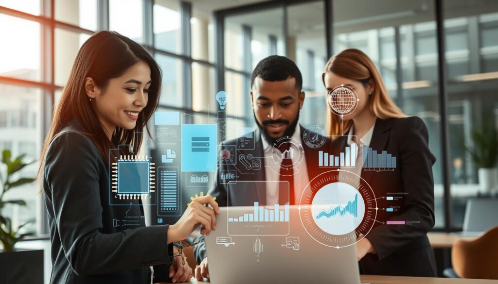A visually engaging representation of the components of IT affinity, featuring a modern office environment. In the foreground, a diverse group of three professionals—an Asian woman, a Black man, and a Caucasian woman—are discussing over a laptop, dressed in professional business attire. The middle layer showcases various technological elements, such as circuit boards, software applications, and data analytics visuals, symbolizing key components of IT affinity. The background features a sleek office interior with large glass windows, allowing natural light to flood the space, creating a bright and inviting atmosphere. The image is captured with a Sony A7R IV at 70mm, ensuring a sharply defined focus on the subjects and elements, enhanced by a polarized filter to reduce glare and enhance color saturation. A visually engaging representation of the components of IT affinity, featuring a modern office environment. In the foreground, a diverse group of three professionals—an Asian woman, a Black man, and a Caucasian woman—are discussing over a laptop, dressed in professional business attire. The middle layer showcases various technological elements, such as circuit boards, software applications, and data analytics visuals, symbolizing key components of IT affinity. The background features a sleek office interior with large glass windows, allowing natural light to flood the space, creating a bright and inviting atmosphere. The image is captured with a Sony A7R IV at 70mm, ensuring a sharply defined focus on the subjects and elements, enhanced by a polarized filter to reduce glare and enhance color saturation.