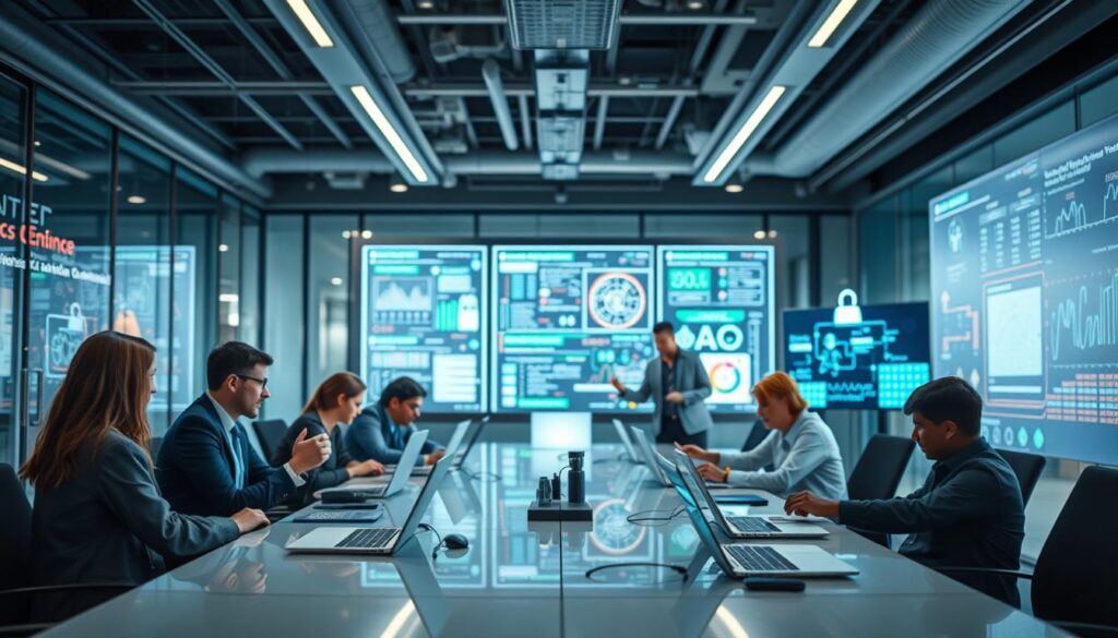 A visually engaging representation of the various fields of computer science, featuring distinct areas such as artificial intelligence, cybersecurity, software engineering, and data science. In the foreground, a diverse group of professionals in business attire collaborates around a sleek conference table filled with laptops and digital devices, examining vibrant screens displaying data visualizations and code. The middle ground showcases large, transparent displays with infographics on computational theories and algorithms. In the background, a futuristic office environment with glass walls and high-tech elements, bathed in soft, focused lighting, creates a productive atmosphere. Shot on Sony A7R IV at 70mm, the composition is clearly focused and sharply defined with a polarized filter, conveying a sense of innovation and collaboration in the tech landscape.