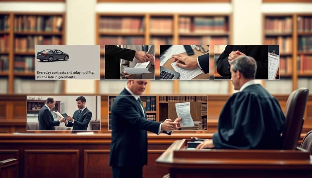 A visually engaging scene depicting practical examples of legal nullity in everyday life. In the foreground, a courtroom setting featuring a judge at the bench, wearing a black robe, presiding over a case involving a shaking hand between two business professionals wearing smart suits, indicative of a contract dispute. In the middle ground, various scenes of everyday contracts and agreements being challenged, such as a handshake over a selling car, a person attempting to return a gadget with a receipt, and a couple looking puzzled over an ambiguous lease agreement. The background features a blurred image of a law library, adding an atmosphere of authority and seriousness. Shot with a Sony A7R IV at 70mm, showcasing a sharp focus, natural lighting, and a polarized filter to enhance colors and details, creating an informative yet professional mood. A visually engaging scene depicting practical examples of legal nullity in everyday life. In the foreground, a courtroom setting featuring a judge at the bench, wearing a black robe, presiding over a case involving a shaking hand between two business professionals wearing smart suits, indicative of a contract dispute. In the middle ground, various scenes of everyday contracts and agreements being challenged, such as a handshake over a selling car, a person attempting to return a gadget with a receipt, and a couple looking puzzled over an ambiguous lease agreement. The background features a blurred image of a law library, adding an atmosphere of authority and seriousness. Shot with a Sony A7R IV at 70mm, showcasing a sharp focus, natural lighting, and a polarized filter to enhance colors and details, creating an informative yet professional mood.