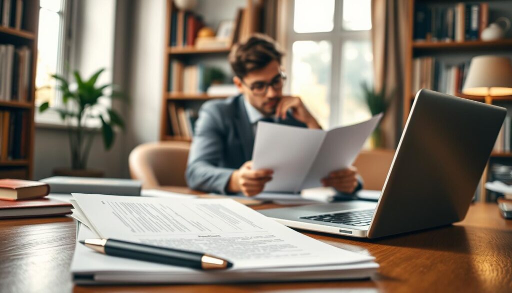 A visually engaging scene depicting the concept of "In 3 Steps to Your Initiativbewerbung." In the foreground, present a close-up of a professional workspace featuring a neatly arranged application folder, a pen, and a laptop. In the middle ground, illustrate an individual in business attire, focused and thoughtfully reviewing documents, with an expression of determination and creativity. In the background, soft-focus elements such as bookshelves filled with career development literature and a window letting in natural light, creating a warm and inviting atmosphere. Use soft, diffused lighting to enhance clarity and depth, shot with a Sony A7R IV at 70mm, ensuring it’s sharply defined and inviting. The overall mood should convey professionalism and motivation. A visually engaging scene depicting the concept of "In 3 Steps to Your Initiativbewerbung." In the foreground, present a close-up of a professional workspace featuring a neatly arranged application folder, a pen, and a laptop. In the middle ground, illustrate an individual in business attire, focused and thoughtfully reviewing documents, with an expression of determination and creativity. In the background, soft-focus elements such as bookshelves filled with career development literature and a window letting in natural light, creating a warm and inviting atmosphere. Use soft, diffused lighting to enhance clarity and depth, shot with a Sony A7R IV at 70mm, ensuring it’s sharply defined and inviting. The overall mood should convey professionalism and motivation.