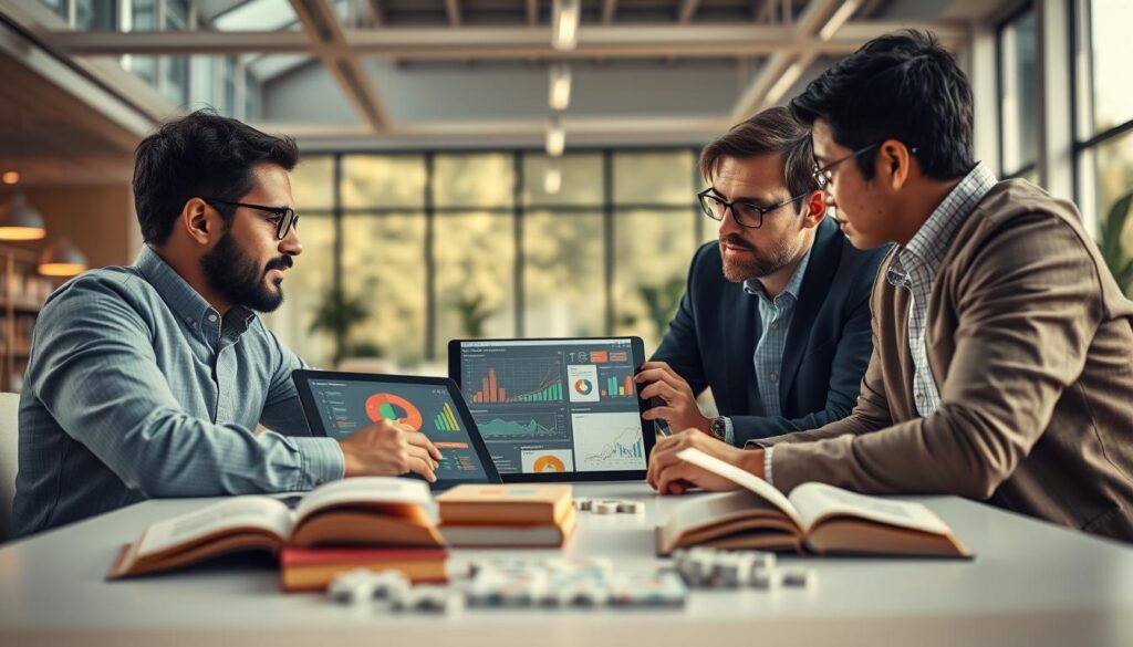 A visually engaging scene depicting the importance of cognitive skills in everyday life. In the foreground, a diverse group of three individuals, two men and one woman, are collaborating at a modern workspace, dressed in smart casual attire. They are engaged in a discussion over a large tablet displaying colorful data visualizations. In the middle ground, there are books and brain-teaser puzzles scattered on a table, symbolizing learning and mental agility. The background features a bright, airy office with large windows allowing natural light to flood the space, enhancing the atmosphere of productivity and creativity. Shot with a Sony A7R IV at 70mm, capturing sharp details and vibrant colors, with a polarized filter to enrich the lighting and contrast, creating an inspiring and focused mood. A visually engaging scene depicting the importance of cognitive skills in everyday life. In the foreground, a diverse group of three individuals, two men and one woman, are collaborating at a modern workspace, dressed in smart casual attire. They are engaged in a discussion over a large tablet displaying colorful data visualizations. In the middle ground, there are books and brain-teaser puzzles scattered on a table, symbolizing learning and mental agility. The background features a bright, airy office with large windows allowing natural light to flood the space, enhancing the atmosphere of productivity and creativity. Shot with a Sony A7R IV at 70mm, capturing sharp details and vibrant colors, with a polarized filter to enrich the lighting and contrast, creating an inspiring and focused mood.