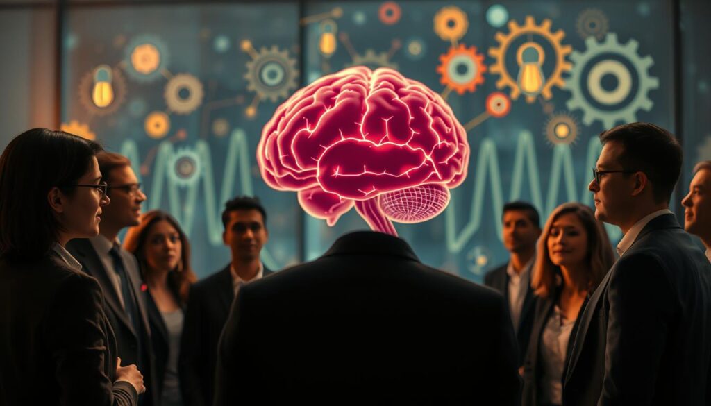 A visually intriguing scene that embodies the theme of neuroscience and intuition. In the foreground, a diverse group of professionals in modern business attire is engaged in deep conversation, illustrating the blending of intellect and intuition. In the middle ground, a human brain is depicted with vibrant neural connections glowing softly, symbolizing the underlying neuroscience. The background features an abstract representation of the brainwave patterns interwoven with elements like gears and light bulbs to suggest ideas and insights. The lighting is warm and inviting, creating a sense of understanding and exploration. The image is shot with a Sony A7R IV at 70mm, ensuring sharp focus and clarity, enhanced by a polarized filter to enrich colors and contrast. The overall mood is reflective and inspiring, inviting viewers to consider the intersection of instinct and neuroscience. A visually intriguing scene that embodies the theme of neuroscience and intuition. In the foreground, a diverse group of professionals in modern business attire is engaged in deep conversation, illustrating the blending of intellect and intuition. In the middle ground, a human brain is depicted with vibrant neural connections glowing softly, symbolizing the underlying neuroscience. The background features an abstract representation of the brainwave patterns interwoven with elements like gears and light bulbs to suggest ideas and insights. The lighting is warm and inviting, creating a sense of understanding and exploration. The image is shot with a Sony A7R IV at 70mm, ensuring sharp focus and clarity, enhanced by a polarized filter to enrich colors and contrast. The overall mood is reflective and inspiring, inviting viewers to consider the intersection of instinct and neuroscience.