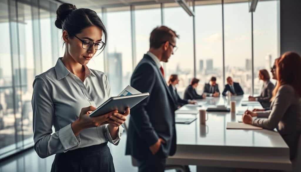 A visually striking comparison of strategic procurement versus operational procurement, depicted as a split composition. In the foreground, a professional businesswoman in formal attire analyzes data on a digital tablet, surrounded by documents and charts—her expression focused and thoughtful. The middle ground features a large, modern conference table with various businesspeople engaged in discussion—diverse individuals in business attire, showcasing collaboration and strategy. In the background, a large glass window reveals a city skyline, bathing the scene in natural light, creating an atmosphere of professionalism and forward-thinking. Shot on Sony A7R IV at 70mm, clearly focused, sharply defined with a polarized filter, capturing the intricate details of the environment. The mood is analytical and proactive, illustrating the importance of strategic procurement. A visually striking comparison of strategic procurement versus operational procurement, depicted as a split composition. In the foreground, a professional businesswoman in formal attire analyzes data on a digital tablet, surrounded by documents and charts—her expression focused and thoughtful. The middle ground features a large, modern conference table with various businesspeople engaged in discussion—diverse individuals in business attire, showcasing collaboration and strategy. In the background, a large glass window reveals a city skyline, bathing the scene in natural light, creating an atmosphere of professionalism and forward-thinking. Shot on Sony A7R IV at 70mm, clearly focused, sharply defined with a polarized filter, capturing the intricate details of the environment. The mood is analytical and proactive, illustrating the importance of strategic procurement.