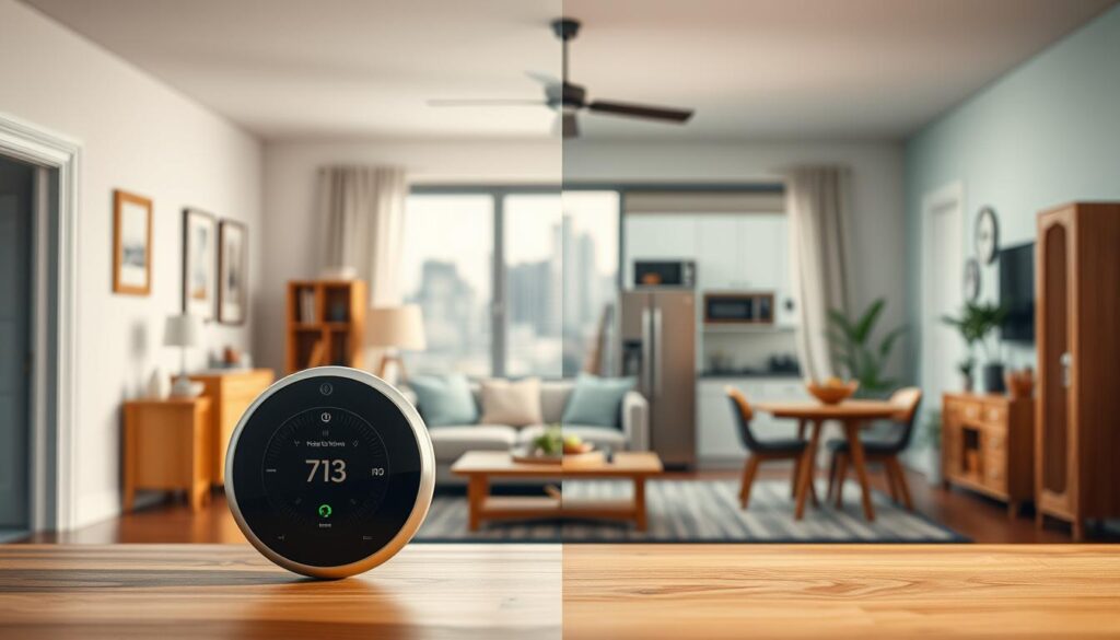A visually striking comparison scene illustrating the cost differences between traditional and smart home technologies. In the foreground, a sleek, modern smart home device with integrated technology, such as a smart thermostat, is contrasted with an older, traditional device like a basic thermostat. In the middle ground, showcase a split room design: one half featuring a traditional living space with dated appliances and decor, while the other half presents a modern, tech-savvy environment filled with smart devices and energy-efficient features. The background displays a subtle city skyline, highlighting advancements. Utilize soft, natural lighting to create an inviting atmosphere, with a focus on sharp details, shot on a Sony A7R IV at 70mm with a polarized filter for clarity and contrast.
