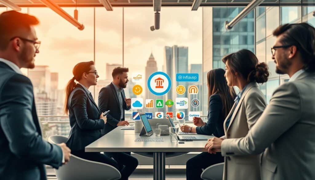 A visually striking composition illustrating "Markenwahrnehmung" through corporate design. In the foreground, depict a diverse group of professionals in stylish business attire, engaged in a vibrant brainstorming session, showcasing their creativity and collaboration. The middle ground features a sleek, modern workspace adorned with brand logos and design elements, including innovative displays and color palettes that reflect various corporate identities. The background showcases a cityscape with towering office buildings, symbolizing the bustling corporate world. Use natural lighting with a warm glow, shot on a Sony A7R IV at 70mm, ensuring sharp focus on the professionals, with a softly blurred background. The overall mood should be dynamic and inspiring, conveying the powerful influence of corporate design on brand perception. A visually striking composition illustrating "Markenwahrnehmung" through corporate design. In the foreground, depict a diverse group of professionals in stylish business attire, engaged in a vibrant brainstorming session, showcasing their creativity and collaboration. The middle ground features a sleek, modern workspace adorned with brand logos and design elements, including innovative displays and color palettes that reflect various corporate identities. The background showcases a cityscape with towering office buildings, symbolizing the bustling corporate world. Use natural lighting with a warm glow, shot on a Sony A7R IV at 70mm, ensuring sharp focus on the professionals, with a softly blurred background. The overall mood should be dynamic and inspiring, conveying the powerful influence of corporate design on brand perception.