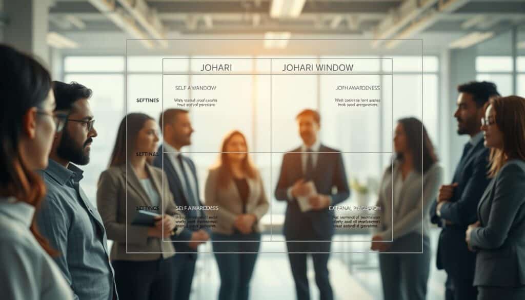 A visually striking depiction of the Johari Window, incorporated into a serene office environment. In the foreground, a large, transparent Johari Window diagram is intricately detailed, showcasing the four quadrants labeled with clear but subtle visuals of self-awareness and external perception. The middle ground features a diverse group of individuals in professional attire, engaged in a thoughtful discussion, with expressions reflecting introspection and engagement. The background highlights a bright, modern office space filled with natural light pouring through large windows, softening the atmosphere. The scene is shot with a Sony A7R IV at 70mm, ensuring a sharply defined focus on the participants and the Johari diagram, enhanced by a polarized filter to enrich colors and textures. The mood conveys a balance of contemplation and collaboration, emphasizing the importance of aligning self and external perceptions.