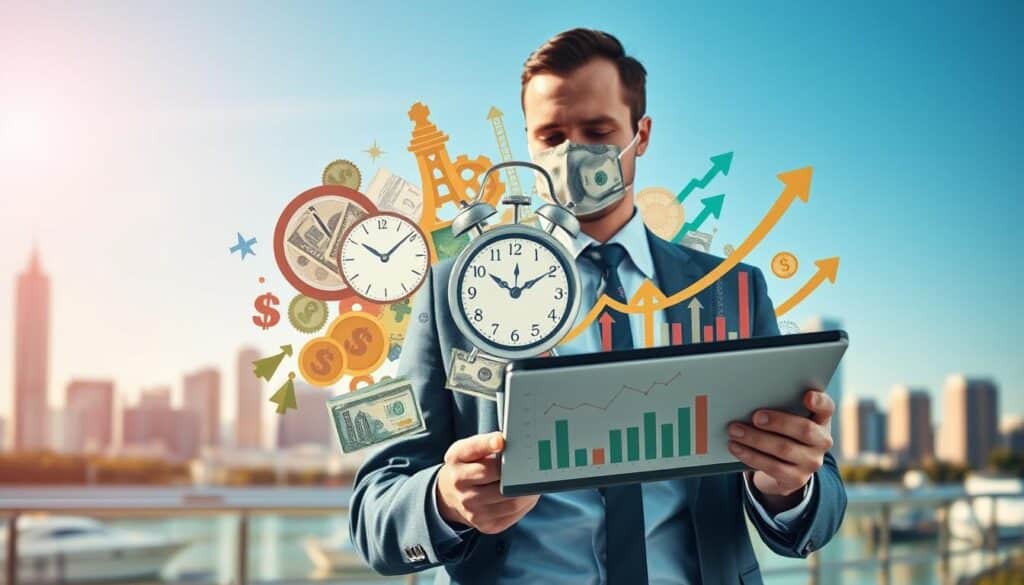 A visually striking illustration depicting the various factors influencing present value (Barwert) in finance. In the foreground, a confident financial analyst in business attire, holding a tablet with graphs and charts displaying interest rates, cash flows, and inflation trends. In the middle ground, a dynamic collage of symbols representing economic factors such as currency, a clock for time value, and upward-trending arrows symbolizing growth. The background features an abstract city skyline with a clear blue sky, suggesting a thriving economy. The scene is illuminated by soft, natural lighting, providing a professional atmosphere. Shot with a Sony A7R IV at 70mm, with a polarized filter for clarity and vivid colors, ensuring all elements are sharply defined and in focus.