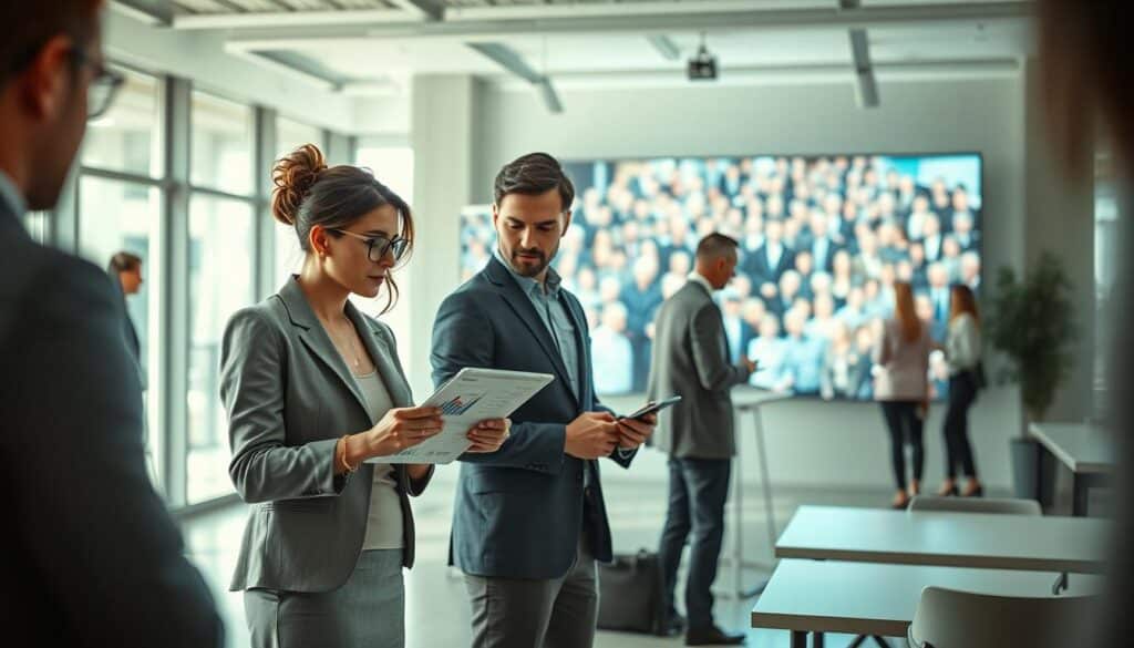 A visually striking illustration of a partiarisches Darlehen in the context of crowd investing, focusing on a diverse group of professionals in a modern office setting. In the foreground, a woman in a smart business outfit discusses investment strategies with a man in casual business attire, both looking at a digital tablet displaying financial graphs and crowd investing data. In the middle ground, a large screen showcases a diverse crowd of potential investors, symbolizing community engagement. The background features a bright, airy office with large windows allowing natural light to flood the space, creating a professional yet inviting atmosphere. Shot with a Sony A7R IV at 70mm, ensuring crisp focus and vibrant colors, with a polarized filter enhancing clarity, all conveying a sense of innovation and collaboration in finance.