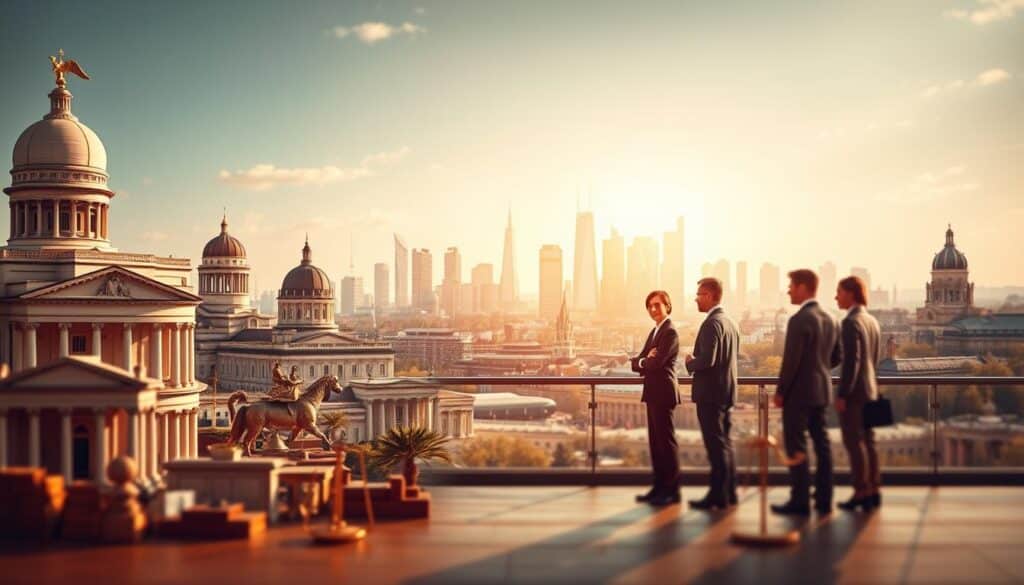 A visually striking illustration representing "Arten der Körperschaften des öffentlichen Rechts." In the foreground, depict several symbols of public law entities, such as government buildings, public institutions, and legal scales, arranged dynamically. In the middle ground, include professional individuals in business attire engaging in discussions, highlighting collaboration and governance. The background should feature a city skyline with landmarks representing various public institutions, bathed in warm, natural lighting, suggesting a sense of openness and transparency. The composition should be shot with a Sony A7R IV at 70mm, focused sharply with a polarized filter, conveying clarity and professionalism. The overall mood should inspire trust and authority, embodying the essence of public law bodies while maintaining a harmonious, engaging atmosphere.