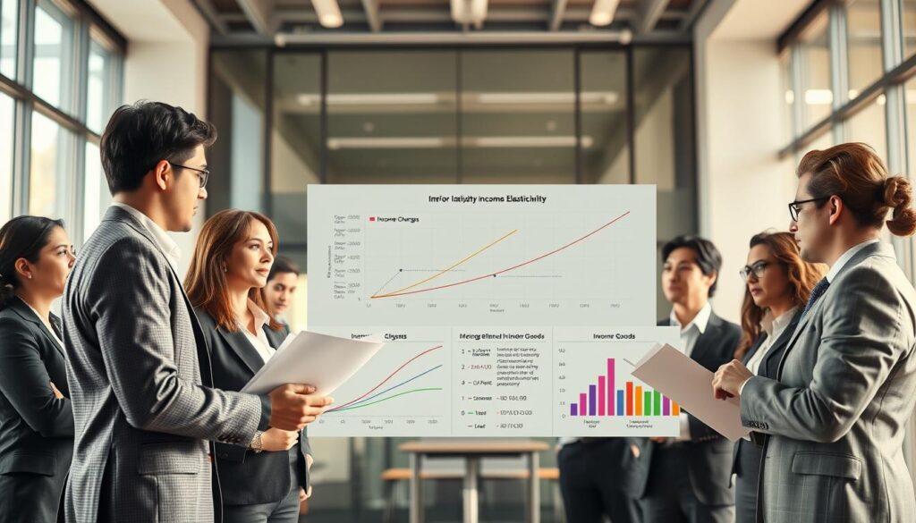 A visually striking illustration representing "Income Elasticity and Its Significance" in the context of inferior goods. In the foreground, a diverse group of business professionals, clad in smart business attire, are engaged in a dynamic discussion, analyzing graphs and charts that depict income elasticity curves. The middle ground features a large, clear infographic showcasing the relationship between income changes and the demand for inferior goods, highlighted with vibrant colors for emphasis. In the background, a sophisticated office setting with large windows allowing soft, natural light to flood the room, creating an inviting and informative atmosphere. Shot with a Sony A7R IV at 70mm, ensuring clear focus and sharp definition with a polarized filter for enhanced clarity and vibrant hues.