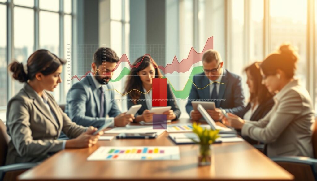A visually striking illustration showcasing various market structures and their influence on the price-demand function. In the foreground, depict a professional business meeting with diverse individuals in business attire, analyzing data on tablets and laptops. The middle background should feature colorful graphs and charts representing different types of market structures—perfect competition, monopoly, oligopoly, and monopolistic competition—layered in a dynamic manner. The background can include a modern office setting with large windows, allowing natural light to spill in, creating a bright and focused atmosphere. The composition should have a depth of field effect, emphasizing the characters and the charts, with a sharp, clear focus, captured as if shot on a Sony A7R IV at 70mm using a polarized filter to enhance detail and contrast. A visually striking illustration showcasing various market structures and their influence on the price-demand function. In the foreground, depict a professional business meeting with diverse individuals in business attire, analyzing data on tablets and laptops. The middle background should feature colorful graphs and charts representing different types of market structures—perfect competition, monopoly, oligopoly, and monopolistic competition—layered in a dynamic manner. The background can include a modern office setting with large windows, allowing natural light to spill in, creating a bright and focused atmosphere. The composition should have a depth of field effect, emphasizing the characters and the charts, with a sharp, clear focus, captured as if shot on a Sony A7R IV at 70mm using a polarized filter to enhance detail and contrast.