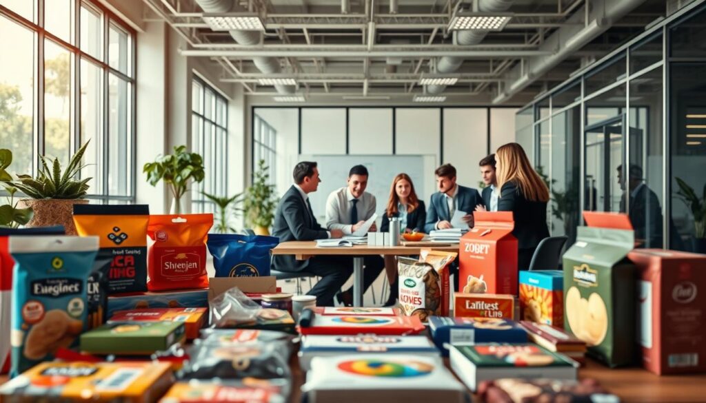 A visually striking image illustrating the "Marketing and Information Function" of packaging. In the foreground, showcase a variety of elegantly designed product packages, from colorful food items to sleek electronics, all displaying unique branding elements. In the middle ground, display a diverse team of business professionals engaged in a discussion around a table, surrounded by charts and packaging prototypes, dressed in professional business attire. The background features a modern office space with large windows, allowing natural light to pour in, creating a bright and inviting atmosphere. Capture the image using a Sony A7R IV at 70mm, ensuring sharp focus and defined details with a polarized filter, evoking a sense of innovation and professionalism.