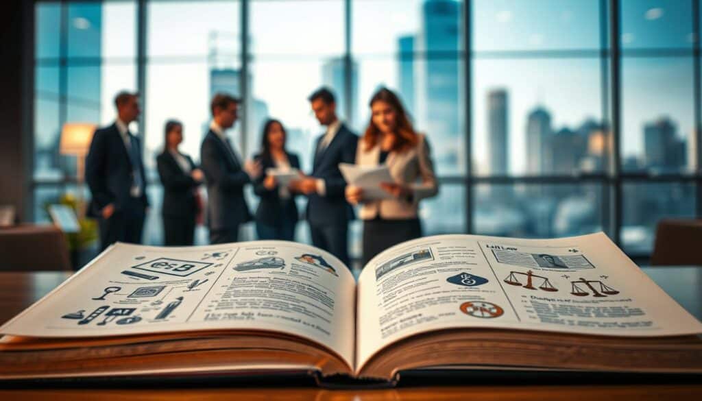 A visually striking image representing "Privatrecht der juristischen Personen," featuring an elegant composition. In the foreground, an open law book with intricate illustrations of legal symbols and corporate structures. The middle ground showcases a professional business setting with diverse individuals in formal attire discussing documents, symbolizing collaboration among juristic persons. The background displays a modern office skyline, indicating the corporate world. The lighting is soft yet focused, creating an inviting atmosphere; shot on a Sony A7R IV at 70mm with a polarized filter for clarity and vibrant colors. The mood is professional and serious, emphasizing the importance of private law in the realm of legal entities.