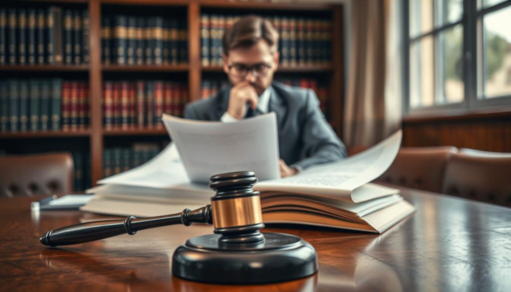 A visually striking representation of "Rechtsfolgen Nichtigkeit" focused on the legal implications of contractual invalidity. In the foreground, a gavel rests on a polished wooden desk, symbolizing the judicial aspect. Just behind it, a partially opened legal document with prominent legal phrases highlighted, conveying the seriousness of the topic. The middle layer features a thoughtful individual in professional business attire, contemplating the document, with a concerned expression. In the background, a blurred bookshelf filled with legal texts hints at a scholarly environment. Soft, natural lighting through a nearby window creates a warm ambiance, enhancing the atmosphere of reflection and gravity. Shot on a Sony A7R IV at 70mm, with a polarized filter for clarity, capturing every detail sharply defined.