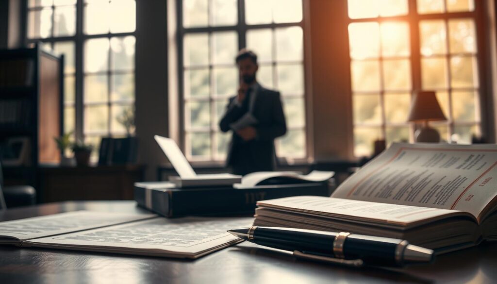 A visually striking representation of "deutsches Urheberrecht" featuring a sophisticated office environment. In the foreground, a neatly arranged desk showcases legal documents and a classic law book with a polished pen resting beside it. The middle ground features a silhouette of a person in professional attire, thoughtfully reviewing the materials, symbolizing legal expertise. In the background, large windows allow soft, warm natural light to filter in, creating an inviting atmosphere. The scene is captured as if shot with a Sony A7R IV at 70mm, with a clearly focused and sharply defined composition, enhanced by a polarized filter. The mood is professional and contemplative, reflecting the seriousness and depth of copyright law in Germany.