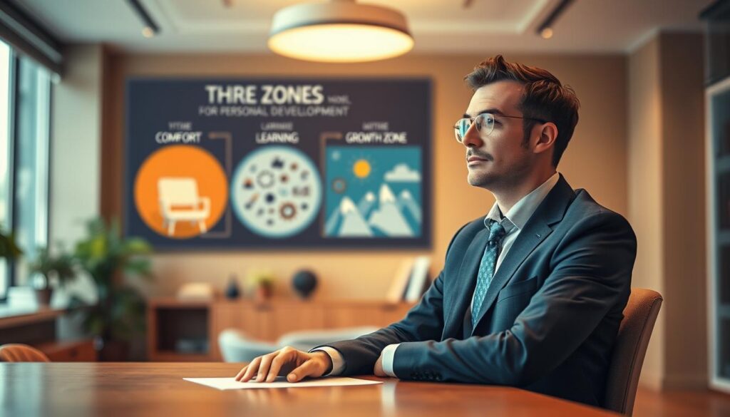 A visually striking representation of the "Three Zones Model for Personal Development." In the foreground, a well-dressed professional sitting at a wooden desk, looking contemplatively at three distinct zones illustrated in a large infographic on the wall behind them. The first zone, representing the Comfort Zone, is depicted with calming colors and familiar symbols like a cozy chair. The second zone, the Learning Zone, uses brighter tones with abstract representations of books and gears. The third zone, the Growth Zone, is dynamic and vibrant, featuring images of mountains and open skies. The background features a softly blurred office setting, with warm, natural lighting coming through a window. Shot with a Sony A7R IV at 70mm, the focus is sharp and clear, highlighting the infographic with a polarized filter that enhances colors, creating an inspiring and motivational atmosphere.