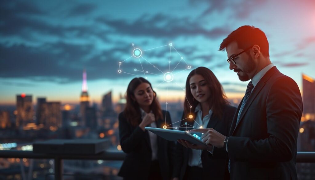 A visually striking representation of the applications of blockchain technology. In the foreground, depict a diverse group of three professionals in smart business attire, discussing and pointing at a digital tablet displaying blockchain graphics. In the middle ground, illustrate interconnected nodes and chains, symbolizing smart contracts and digital agreements. The background features a modern city skyline illuminated at dusk, emphasizing innovation and technological advancement. Use soft ambient lighting to create a hopeful and transformative atmosphere, highlighting the potential of blockchain. Capture the scene with a Sony A7R IV at 70mm, ensuring clear focus and sharp definition with a polarized filter to enhance the colors and contrasts.