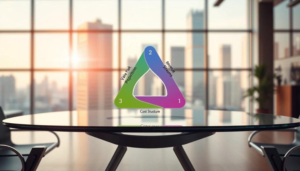 A visually striking representation of the "magical triangle of business models," featuring three interconnecting sides labeled with key concepts: Value Proposition, Revenue Streams, and Cost Structure. In the foreground, a modern office setting with a glass table and sleek design elements, accentuating a professional atmosphere. In the middle, the triangle itself is illustrated with vibrant colors and dynamic shapes, floating slightly above the table, symbolizing innovation. The background showcases a blurred cityscape through large windows to convey ambition and growth, with soft, natural light streaming in, creating an inspiring mood. Shot on a Sony A7R IV at 70mm, the image is sharply defined and clearly focused, enhanced with a polarized filter for vivid color saturation and contrast.