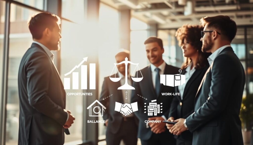 A visually striking scene depicting common reasons for job changes. In the foreground, a diverse group of three professionals, dressed in business attire, engage in a thoughtful discussion. The middle ground features symbols representing various job change motivations, such as growth opportunities, work-life balance, and company culture – illustrated through graphics like upward arrows, a balanced scale, and a handshake. In the background, a modern office setting with large windows allows natural sunlight to flood the space, creating a bright and inviting atmosphere. The image is shot with a Sony A7R IV at 70mm, ensuring sharp details and vivid colors, enhanced by a polarized filter for clarity. The overall mood is optimistic and inspiring, capturing the essence of career transitions. A visually striking scene depicting common reasons for job changes. In the foreground, a diverse group of three professionals, dressed in business attire, engage in a thoughtful discussion. The middle ground features symbols representing various job change motivations, such as growth opportunities, work-life balance, and company culture – illustrated through graphics like upward arrows, a balanced scale, and a handshake. In the background, a modern office setting with large windows allows natural sunlight to flood the space, creating a bright and inviting atmosphere. The image is shot with a Sony A7R IV at 70mm, ensuring sharp details and vivid colors, enhanced by a polarized filter for clarity. The overall mood is optimistic and inspiring, capturing the essence of career transitions.