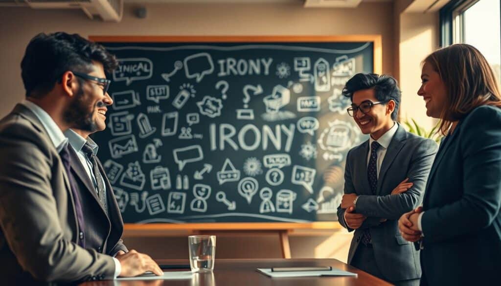 A visually striking scene depicting the concept of irony in communication. In the foreground, a diverse group of three professionals, dressed in sharp business attire, engages in a lively discussion, their expressions a blend of amusement and contemplation. In the middle ground, a large chalkboard filled with playful illustrations of ironic scenarios and communication symbols like speech bubbles and exaggerated facial expressions, symbolizing the nuances of irony. The background features a softly blurred office setting, infused with warm, natural light filtering through large windows, creating a professional atmosphere. Shot on a Sony A7R IV at 70mm, the focus is clear and sharply defined, enhanced by a polarized filter to bring out vibrant colors and details, conveying a mood of intellectual curiosity and wit. A visually striking scene depicting the concept of irony in communication. In the foreground, a diverse group of three professionals, dressed in sharp business attire, engages in a lively discussion, their expressions a blend of amusement and contemplation. In the middle ground, a large chalkboard filled with playful illustrations of ironic scenarios and communication symbols like speech bubbles and exaggerated facial expressions, symbolizing the nuances of irony. The background features a softly blurred office setting, infused with warm, natural light filtering through large windows, creating a professional atmosphere. Shot on a Sony A7R IV at 70mm, the focus is clear and sharply defined, enhanced by a polarized filter to bring out vibrant colors and details, conveying a mood of intellectual curiosity and wit.