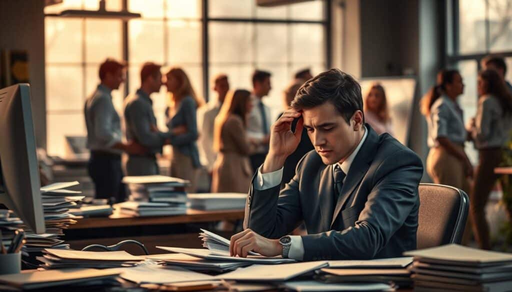 A visually striking scene illustrating the impact of workplace stress on employee health. In the foreground, a concerned employee in professional business attire sits at a cluttered desk, rubbing their temples, surrounded by stacks of papers and a glowing computer screen. In the middle ground, a diverse group of colleagues interact, some showing signs of stress and fatigue, while others engage in positive, supportive conversation. The background features an office environment with large windows allowing natural light to flood in, casting soft shadows. The atmosphere conveys a mix of tension and hope, illuminated by a warm, inviting glow. Shot on Sony A7R IV 70mm, clearly focused, sharply defined, with a polarized filter for enhanced color depth and clarity. A visually striking scene illustrating the impact of workplace stress on employee health. In the foreground, a concerned employee in professional business attire sits at a cluttered desk, rubbing their temples, surrounded by stacks of papers and a glowing computer screen. In the middle ground, a diverse group of colleagues interact, some showing signs of stress and fatigue, while others engage in positive, supportive conversation. The background features an office environment with large windows allowing natural light to flood in, casting soft shadows. The atmosphere conveys a mix of tension and hope, illuminated by a warm, inviting glow. Shot on Sony A7R IV 70mm, clearly focused, sharply defined, with a polarized filter for enhanced color depth and clarity.