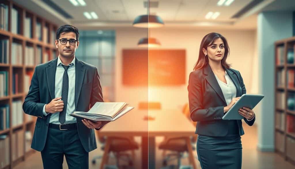 A visually striking split-scene illustration contrasting the concepts of "i.V." and "i.A." In the foreground, depict two business professionals in smart attire: on the left, a male figure standing confidently, representing "i.V.," with a serious expression and an open folder showcasing documents. On the right, a female figure with a thoughtful demeanor, symbolizing "i.A.," holding a tablet. In the middle ground, include subtle visual cues such as a blurry office environment filled with bookshelves and a conference table to reflect a corporate setting. The background should be softly lit with warm tones, suggesting an atmosphere of professionalism and clarity. Use a focal length of 70mm for sharp detail, and a polarized filter to enhance contrast and vibrancy. The overall mood should be informative and reflective, emphasizing their distinct roles. A visually striking split-scene illustration contrasting the concepts of "i.V." and "i.A." In the foreground, depict two business professionals in smart attire: on the left, a male figure standing confidently, representing "i.V.," with a serious expression and an open folder showcasing documents. On the right, a female figure with a thoughtful demeanor, symbolizing "i.A.," holding a tablet. In the middle ground, include subtle visual cues such as a blurry office environment filled with bookshelves and a conference table to reflect a corporate setting. The background should be softly lit with warm tones, suggesting an atmosphere of professionalism and clarity. Use a focal length of 70mm for sharp detail, and a polarized filter to enhance contrast and vibrancy. The overall mood should be informative and reflective, emphasizing their distinct roles.