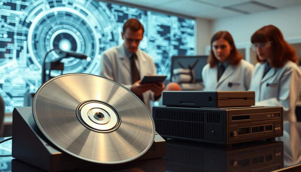 A vivid illustration of early optical storage technology, featuring pioneering devices such as the LaserDisc and early optical disc experiments. In the foreground, display a LaserDisc and prototype optical drives, showcasing their unique shapes and reflective surfaces. The middle ground should include lab equipment and researchers in professional attire, examining these devices with focused expressions. The background can feature an abstract representation of digital data streams, symbolizing the evolution of storage technology. Capture the scene with sharp focus, using a Sony A7R IV 70mm lens, enhanced by a polarized filter for clarity. The lighting should be bright yet soft, creating an atmosphere of innovation and exploration in a research environment. The overall mood should evoke a sense of technological advancement and curiosity.