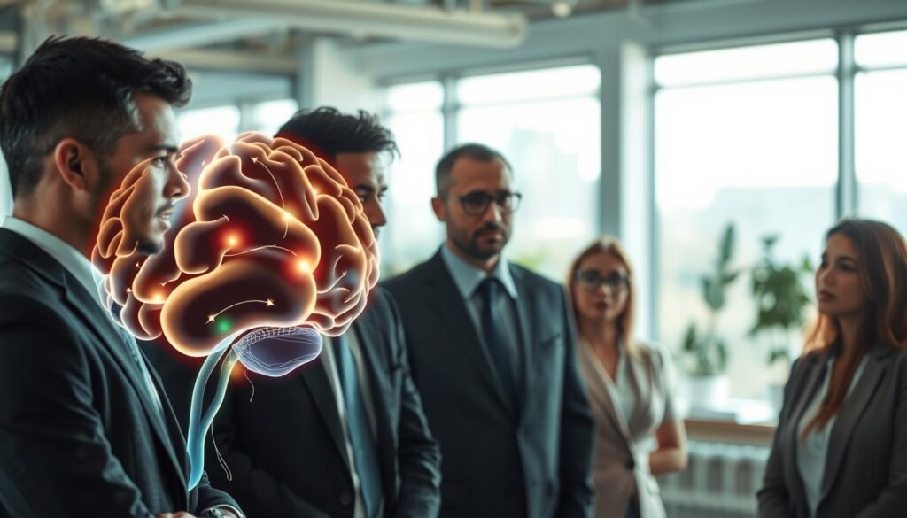 A vivid representation of intuitive decision-making processes, illustrating the connection between emotions and neuroscience. In the foreground, a diverse group of professionals in business attire are engaged in deep discussion, their facial expressions conveying insight and contemplation. The middle ground features a stylized brain with illuminated neural pathways glowing to symbolize active thought processes. The background is a softly blurred office environment with large windows allowing natural light to stream in, creating an uplifting atmosphere. The lighting is bright yet soft, enhancing focus on the professionals and the brain imagery. The composition is captured from a slightly elevated angle, providing depth and clarity, shot with a Sony A7R IV at 70mm, clearly focused and sharply defined, using a polarized filter to enrich the colors. A vivid representation of intuitive decision-making processes, illustrating the connection between emotions and neuroscience. In the foreground, a diverse group of professionals in business attire are engaged in deep discussion, their facial expressions conveying insight and contemplation. The middle ground features a stylized brain with illuminated neural pathways glowing to symbolize active thought processes. The background is a softly blurred office environment with large windows allowing natural light to stream in, creating an uplifting atmosphere. The lighting is bright yet soft, enhancing focus on the professionals and the brain imagery. The composition is captured from a slightly elevated angle, providing depth and clarity, shot with a Sony A7R IV at 70mm, clearly focused and sharply defined, using a polarized filter to enrich the colors.