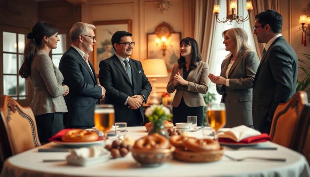A warm and inviting scene showcasing German etiquette in greeting and farewell rituals. In the foreground, a diverse group of three people dressed in professional business attire stands in a respectful circle, engaging in a polite conversation with warm smiles and handshakes. The middle ground features a beautifully set dining table with traditional German elements, like pretzels and beer, symbolizing hospitality. In the background, a cozy room with elegant decor reflects a refined atmosphere, including soft lighting that casts a gentle glow. The image is captured with a Sony A7R IV lens at 70mm, ensuring clear focus on the subjects while the background slightly blurs, creating a sense of depth. The mood is friendly and respectful, capturing the essence of politeness in everyday interactions.