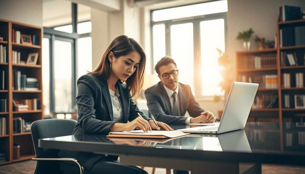 A warm, inviting office environment showcasing a professional woman and man engaged in thoughtful written communication. The foreground features the woman, dressed in smart business attire, thoughtfully typing at a sleek desk with a laptop open, papers organized beside her. The man, also in professional attire, leans slightly towards her, engaged and attentive. In the middle ground, soft natural light filters in through large windows, illuminating the scene and creating a sense of openness and collaboration. The background reveals bookshelves filled with books on communication and respect, adding depth to the atmosphere. Shot with a Sony A7R IV at 70mm, the image is sharply defined with a polished, professional aesthetic, enhanced by a polarized filter, evoking an atmosphere of appreciation and mutual respect in written dialogue.