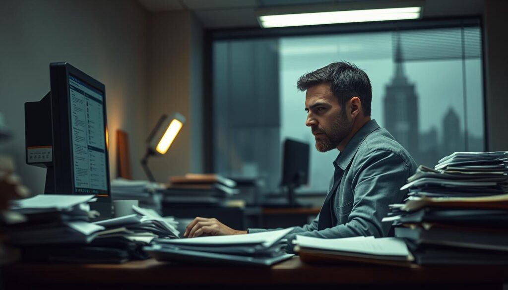 A weary office worker sitting at a cluttered desk, their face reflecting a sense of disillusionment and apathy, the mood encapsulating 'inner resignation'. The foreground features the worker, dressed in professional attire, looking pensively at a computer screen filled with unread emails. In the middle ground, stacks of paperwork and a flickering fluorescent light create a tense atmosphere. The background reveals a dimly lit office environment with muted colors, and a window showing a bleak cityscape, suggesting isolation. The scene is captured in sharp detail with a Sony A7R IV at 70mm, using a polarized filter to enhance clarity. The lighting is soft but highlights the subject's facial expressions, evoking a feeling of introspection and quiet struggle. A weary office worker sitting at a cluttered desk, their face reflecting a sense of disillusionment and apathy, the mood encapsulating 'inner resignation'. The foreground features the worker, dressed in professional attire, looking pensively at a computer screen filled with unread emails. In the middle ground, stacks of paperwork and a flickering fluorescent light create a tense atmosphere. The background reveals a dimly lit office environment with muted colors, and a window showing a bleak cityscape, suggesting isolation. The scene is captured in sharp detail with a Sony A7R IV at 70mm, using a polarized filter to enhance clarity. The lighting is soft but highlights the subject's facial expressions, evoking a feeling of introspection and quiet struggle.