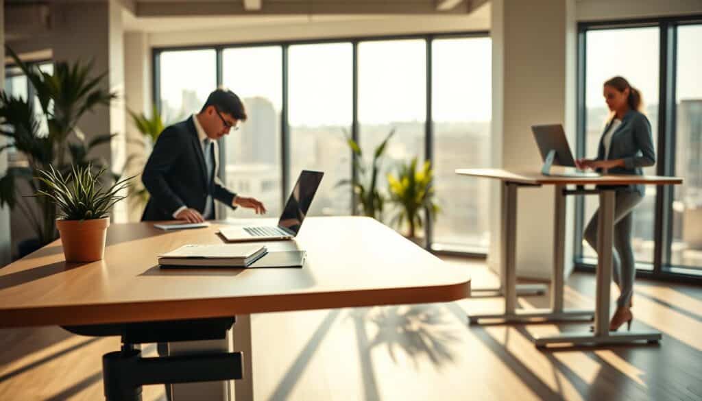 A well-designed modern office interior showcasing height-adjustable desks. In the foreground, a sleek, ergonomic height-adjustable desk stands with an open laptop, notebooks, and a stylish potted plant. In the middle ground, a business professional in smart attire adjusts the desk height, while another person with a relaxed posture works on a standing desk, both focused and engaged. The background features large windows with natural light streaming in, illuminating the space. Soft shadows create a warm, inviting atmosphere. The scene is shot with a Sony A7R IV at 70mm, ensuring sharp detail and clarity, with a polarized filter enhancing colors and contrasts to emphasize the modern aesthetic of the workspace.
