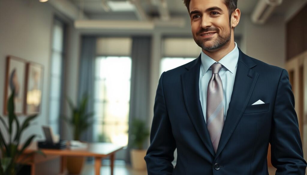 A well-dressed man in a tailored suit, showcasing a perfect interview outfit. The foreground focuses on the man, confidently standing with a slight smile, wearing a navy blue suit with a crisp white shirt and a silk tie. His attire is impeccably fitted, highlighting modern cuts and styles that exude professionalism. In the middle ground, there's a softly blurred office environment, featuring a sleek desk and a few plants, evoking a polished atmosphere. The background reveals a large window, letting in natural light that gently illuminates the scene, creating a warm, inviting mood. Shot with a Sony A7R IV at 70mm, the image is sharply defined with a polarized filter enhancing the colors. A well-dressed man in a tailored suit, showcasing a perfect interview outfit. The foreground focuses on the man, confidently standing with a slight smile, wearing a navy blue suit with a crisp white shirt and a silk tie. His attire is impeccably fitted, highlighting modern cuts and styles that exude professionalism. In the middle ground, there's a softly blurred office environment, featuring a sleek desk and a few plants, evoking a polished atmosphere. The background reveals a large window, letting in natural light that gently illuminates the scene, creating a warm, inviting mood. Shot with a Sony A7R IV at 70mm, the image is sharply defined with a polarized filter enhancing the colors.