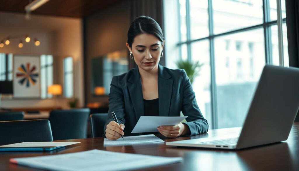 A well-dressed professional seated at a conference table, engaged in preparation for an internal interview. The foreground features neatly arranged documents, a laptop, and a notepad with handwritten notes. In the middle, the person, a Caucasian woman in a smart blazer, intently reviewing her materials, her expression focused and determined. The background shows a modern office environment with soft lighting, large windows letting in natural light, and subtle hints of corporate decor, conveying a professional atmosphere. The image is shot with a Sony A7R IV at 70mm, ensuring clear focus and sharply defined details, with a polarized filter enhancing the scene's depth. The overall mood is one of confidence and professionalism, reflecting the theme of effective preparation.