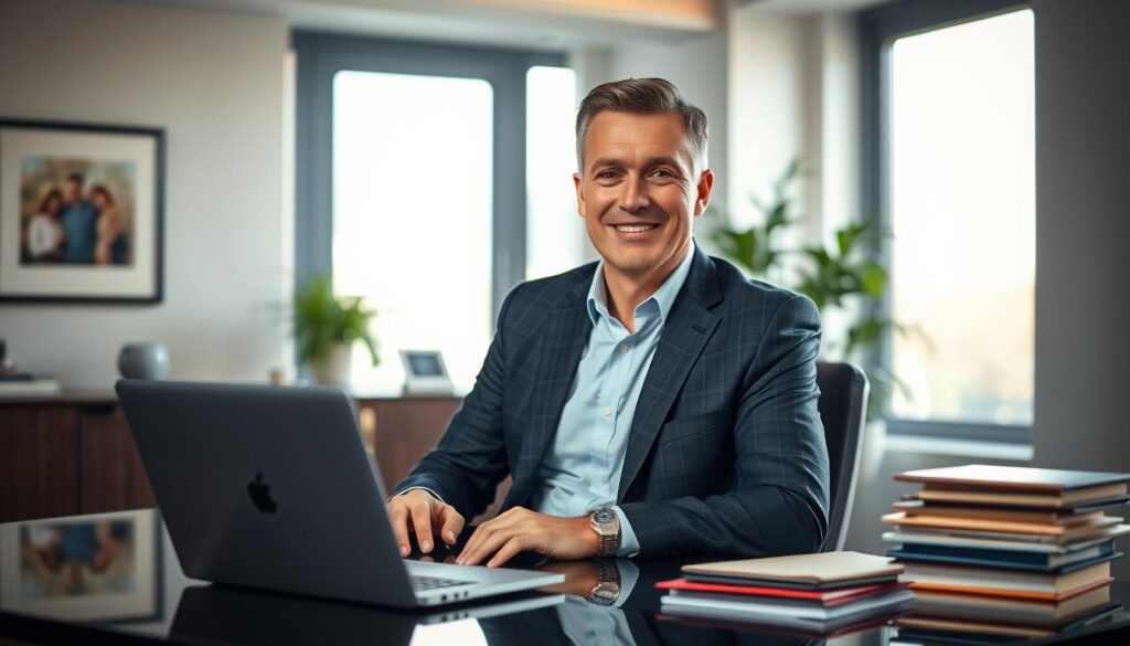 A well-dressed professional sitting at a modern desk in an elegant office setting, surrounded by neatly organized files and a laptop displaying a document labeled 'Initiative Application'. The individual, a middle-aged Caucasian man, exudes confidence and approachability, smiling warmly as he looks directly at the viewer. In the background, large windows let in soft natural light, casting a gentle glow over the room. A potted plant adds a touch of greenery to the scene, enhancing the atmosphere of professionalism and warmth. Shot on a Sony A7R IV at 70mm with a polarized filter, the image is sharply defined and clearly focused, capturing a sense of invitation and openness. No text overlays or watermarks present. A well-dressed professional sitting at a modern desk in an elegant office setting, surrounded by neatly organized files and a laptop displaying a document labeled 'Initiative Application'. The individual, a middle-aged Caucasian man, exudes confidence and approachability, smiling warmly as he looks directly at the viewer. In the background, large windows let in soft natural light, casting a gentle glow over the room. A potted plant adds a touch of greenery to the scene, enhancing the atmosphere of professionalism and warmth. Shot on a Sony A7R IV at 70mm with a polarized filter, the image is sharply defined and clearly focused, capturing a sense of invitation and openness. No text overlays or watermarks present.