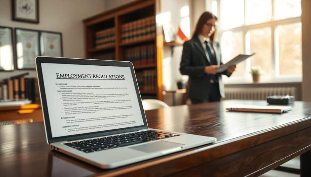 A well-lit office environment with a professional atmosphere, featuring a polished wooden desk in the foreground with a laptop open, displaying legal documents about employment regulations. In the middle ground, a businessperson in professional attire, engaged in reviewing these documents, depicting focus and determination. The background includes a bookshelf filled with law books and certifications, symbolizing knowledge and expertise. Natural light streams in through a window, casting gentle shadows and creating a warm, inviting mood. Shot on Sony A7R IV at 70mm for a clearly focused, sharply defined image, with a polarized filter enhancing details and colors.