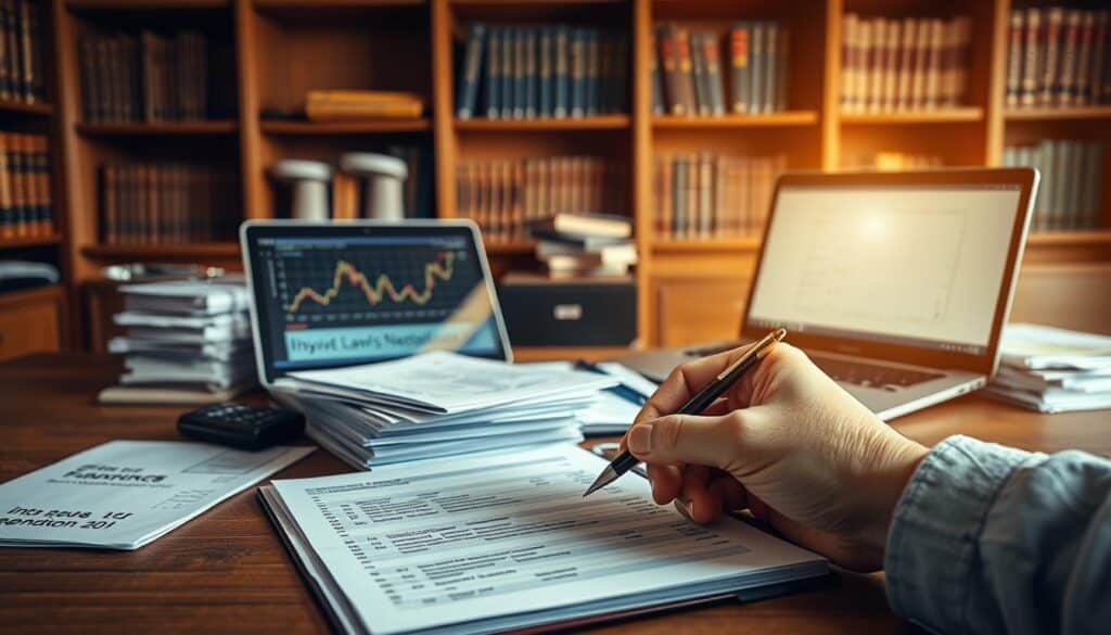 A well-lit office space setting, showcasing a neatly arranged wooden desk with stacks of invoices, receipts, and financial documents. In the foreground, a close-up view highlights a hand holding a pen poised above a ledger, illustrating the importance of proper bookkeeping adherence to the "Belegprinzip" in commercial law. In the middle ground, a laptop displays financial software, reflecting graphs and data analysis, symbolizing modern accounting practices. The background features shelves filled with books on finance and law, adding depth and context. The scene is captured with soft, natural lighting, using a Sony A7R IV at 70mm for a clearly focused and sharply defined image, enhanced by a polarized filter to reduce glare, conveying a professional and serious atmosphere.