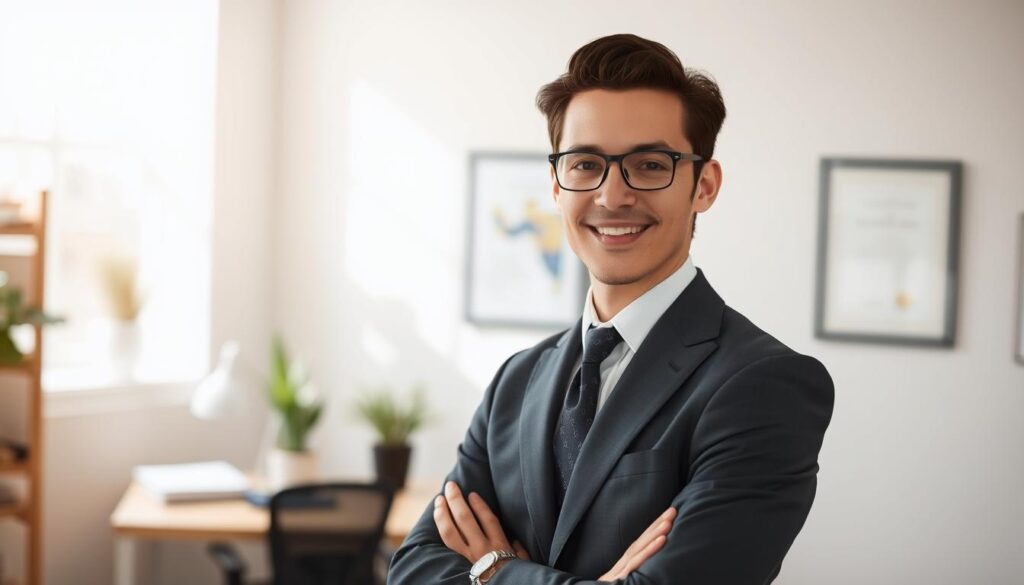 A well-lit, professional business setting featuring a confident individual posing for a job application photo. The person is dressed in formal business attire, such as a tailored suit, standing against a neutral backdrop that suggests an office environment. The foreground captures the individual in sharp focus, showcasing their friendly yet professional demeanor. In the middle, a softly blurred office background includes elements like a desk, a potted plant, and a framed certificate on the wall. The overall lighting is bright and natural, filtered through a window, creating an inviting yet polished atmosphere. The image is captured using a Sony A7R IV at 70mm, ensuring clarity and detail with a polarized filter to enhance colors. The mood conveys professionalism and readiness for the workplace. A well-lit, professional business setting featuring a confident individual posing for a job application photo. The person is dressed in formal business attire, such as a tailored suit, standing against a neutral backdrop that suggests an office environment. The foreground captures the individual in sharp focus, showcasing their friendly yet professional demeanor. In the middle, a softly blurred office background includes elements like a desk, a potted plant, and a framed certificate on the wall. The overall lighting is bright and natural, filtered through a window, creating an inviting yet polished atmosphere. The image is captured using a Sony A7R IV at 70mm, ensuring clarity and detail with a polarized filter to enhance colors. The mood conveys professionalism and readiness for the workplace.