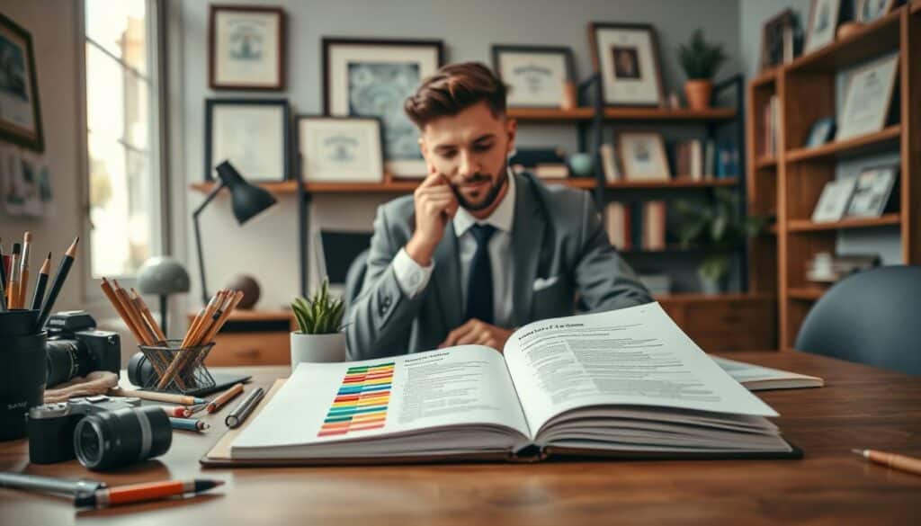 A well-organized, elegant master resume for hobbies displayed prominently on a sleek wooden desk. The foreground features a neatly positioned open document with colorful tabs highlighting different hobby sections, surrounded by art supplies, a camera, and a small potted plant for a touch of greenery. In the middle, a professional individual in smart casual attire is thoughtfully reviewing the resume, with a focused expression, capturing a sense of determination. The background shows a cozy, well-lit home office with shelves filled with books and framed hobby-related certificates. The lighting is warm and inviting, creating a productive atmosphere. Shot with a Sony A7R IV at 70mm, the image is clearly focused and sharply defined, enhanced with a polarized filter to emphasize details and colors. A well-organized, elegant master resume for hobbies displayed prominently on a sleek wooden desk. The foreground features a neatly positioned open document with colorful tabs highlighting different hobby sections, surrounded by art supplies, a camera, and a small potted plant for a touch of greenery. In the middle, a professional individual in smart casual attire is thoughtfully reviewing the resume, with a focused expression, capturing a sense of determination. The background shows a cozy, well-lit home office with shelves filled with books and framed hobby-related certificates. The lighting is warm and inviting, creating a productive atmosphere. Shot with a Sony A7R IV at 70mm, the image is clearly focused and sharply defined, enhanced with a polarized filter to emphasize details and colors.