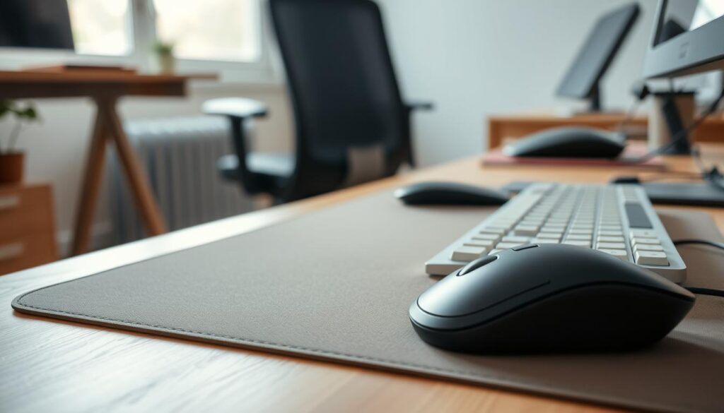 A well-organized ergonomic workspace featuring a keyboard and mouse setup. In the foreground, a sleek, modern mouse rests on a smooth, neutral-colored mouse pad beside an ergonomically designed keyboard. The middle ground includes an office desk with natural wood tones and an adjustable chair, highlighting a comfortable seated posture. In the background, a softly lit window allows natural light to illuminate the space, creating a calm atmosphere. The image is shot with a Sony A7R IV at 70mm, ensuring sharp focus and detail. A polarized filter enhances clarity, emphasizing the thoughtful arrangement of the keyboard and mouse. The mood is professional and inviting, perfect for illustrating ergonomic practices in the workplace.