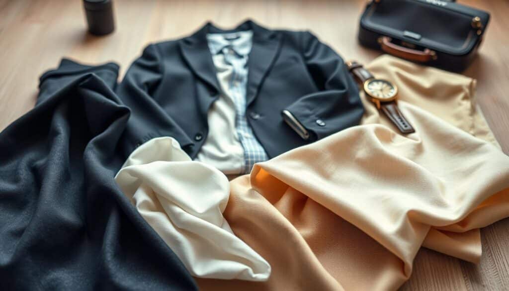 A well-organized flat lay composition showcasing various fabrics suitable for professional attire. In the foreground, display a selection of swatches including wool, cotton, silk, and linen in an array of colors like navy, white, and soft pastels. In the middle, a neatly folded blazer and tailored trousers, emphasizing the texture of the materials. In the background, soft-focus elements like a stylish watch and a briefcase to evoke a professional ambiance. The lighting is soft and natural, creating a warm atmosphere, while the image is sharply defined with a shallow depth of field. Shot on a Sony A7R IV with a 70mm lens, using a polarized filter for enhanced color vibrancy and clarity. A well-organized flat lay composition showcasing various fabrics suitable for professional attire. In the foreground, display a selection of swatches including wool, cotton, silk, and linen in an array of colors like navy, white, and soft pastels. In the middle, a neatly folded blazer and tailored trousers, emphasizing the texture of the materials. In the background, soft-focus elements like a stylish watch and a briefcase to evoke a professional ambiance. The lighting is soft and natural, creating a warm atmosphere, while the image is sharply defined with a shallow depth of field. Shot on a Sony A7R IV with a 70mm lens, using a polarized filter for enhanced color vibrancy and clarity.