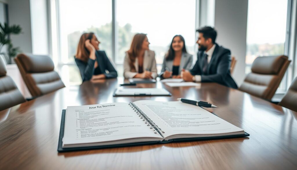 A well-organized meeting agenda for "Jour fixe Termine," displayed on a polished wooden conference table. The foreground showcases a sleek notebook opened to a detailed agenda page, with neatly written bullet points and a pen poised beside it. In the middle ground, a group of three professionals in business attire engaged in animated discussion, their expressions focused and collaborative. The background features a bright, airy conference room with large windows letting in natural light, illuminating the space. The mood is productive and intentional, capturing the essence of efficient planning. Shot on a Sony A7R IV 70mm, with a sharply defined focus and a polarized filter to enhance the clarity of details and colors, emphasizing a professional atmosphere. A well-organized meeting agenda for "Jour fixe Termine," displayed on a polished wooden conference table. The foreground showcases a sleek notebook opened to a detailed agenda page, with neatly written bullet points and a pen poised beside it. In the middle ground, a group of three professionals in business attire engaged in animated discussion, their expressions focused and collaborative. The background features a bright, airy conference room with large windows letting in natural light, illuminating the space. The mood is productive and intentional, capturing the essence of efficient planning. Shot on a Sony A7R IV 70mm, with a sharply defined focus and a polarized filter to enhance the clarity of details and colors, emphasizing a professional atmosphere.