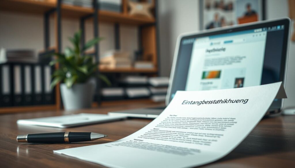 A well-organized office desk scene, featuring a neatly arranged letter on high-quality stationery titled "Eingangsbestätigung," one corner folded slightly, exuding a sense of professionalism. In the foreground, a sleek, modern pen rests beside the letter, gleaming under soft, natural daylight. The middle ground showcases a blurred laptop screen displaying an email interface, implying ongoing communication. In the background, shelves lined with neatly stacked files and a potted plant add a touch of greenery and warmth. The scene is illuminated with soft, diffused lighting, capturing shadows gently. Shot on a Sony A7R IV at 70mm, with a polarized filter for sharp detail, this image conveys a serene and focused atmosphere, perfect for illustrating professionalism in the job application process. A well-organized office desk scene, featuring a neatly arranged letter on high-quality stationery titled "Eingangsbestätigung," one corner folded slightly, exuding a sense of professionalism. In the foreground, a sleek, modern pen rests beside the letter, gleaming under soft, natural daylight. The middle ground showcases a blurred laptop screen displaying an email interface, implying ongoing communication. In the background, shelves lined with neatly stacked files and a potted plant add a touch of greenery and warmth. The scene is illuminated with soft, diffused lighting, capturing shadows gently. Shot on a Sony A7R IV at 70mm, with a polarized filter for sharp detail, this image conveys a serene and focused atmosphere, perfect for illustrating professionalism in the job application process.