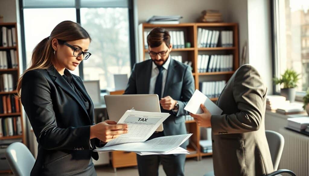 A well-organized office environment showcasing a team of three professionals engaged in a detailed tax audit discussion. In the foreground, a focused female financial analyst, wearing smart business attire, reviewing financial documents with a calculator. In the middle, a male accountant, also dressed in professional attire, is examining a laptop screen displaying tax data. The background features shelves filled with financial books and reports, a large window allowing natural light to flood the room, casting soft shadows. The scene is shot with a Sony A7R IV at 70mm, creating a clear, crisp image with a polarized filter, emphasizing the seriousness and professionalism of the tax examination process. The atmosphere is focused and collaborative, reflecting dedication to thorough due diligence.