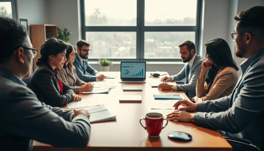 A well-organized office environment with a professional atmosphere. In the foreground, a diverse group of professionals in business attire sits around a conference table, deeply engrossed in discussion about employee rights and responsibilities related to illness-based termination. In the middle ground, clear visual elements such as documents with charts and graphs, a laptop displaying relevant data, and a cup of coffee create a collaborative setting. The background features a large window with natural light streaming in, casting soft shadows that enhance focus on the meeting. Shot on a Sony A7R IV 70mm, the image is sharply defined and clearly focused, taken with a polarized filter to enrich colors and contrast, evoking a sense of seriousness and professionalism.