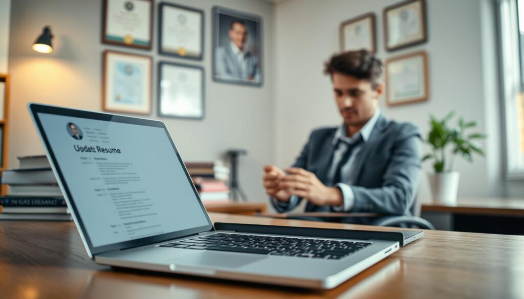 A well-organized office workspace, highlighting a professional-looking individual updating a resume on a laptop. In the foreground, a close-up of the laptop screen displaying an updated resume with neatly organized sections and bullet points. The individual, dressed in business casual attire, sits at a sleek wooden desk, thoughtfully reviewing their information. In the middle ground, there are stacks of books and a potted plant, adding a touch of life and knowledge. The background features a softly blurred wall with certificates and achievements framed, symbolizing continuous learning. The scene is illuminated by soft, natural light coming through a window, creating a calm and focused atmosphere. Shot on a Sony A7R IV, 70mm, clearly focused, sharply defined, with a polarized filter for enhanced clarity and depth. A well-organized office workspace, highlighting a professional-looking individual updating a resume on a laptop. In the foreground, a close-up of the laptop screen displaying an updated resume with neatly organized sections and bullet points. The individual, dressed in business casual attire, sits at a sleek wooden desk, thoughtfully reviewing their information. In the middle ground, there are stacks of books and a potted plant, adding a touch of life and knowledge. The background features a softly blurred wall with certificates and achievements framed, symbolizing continuous learning. The scene is illuminated by soft, natural light coming through a window, creating a calm and focused atmosphere. Shot on a Sony A7R IV, 70mm, clearly focused, sharply defined, with a polarized filter for enhanced clarity and depth.