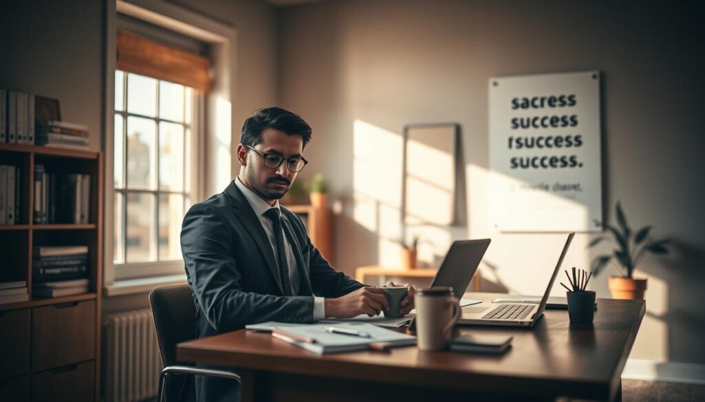 A well-organized, serene study environment for interview preparation. In the foreground, a confident individual in professional business attire sits at a wooden desk, reviewing notes and a laptop, surrounded by neatly arranged stationery and a coffee mug. In the middle ground, a large window lets in warm, natural light, casting soft shadows across the room. A small bookshelf lined with career-related books and a potted plant add a touch of life and warmth. In the background, a soft-focus motivational poster about success hangs on the wall. The scene is captured with a Sony A7R IV at 70mm, ensuring clear focus and sharp definition, with a polarized filter enhancing the lighting and colors. The atmosphere is calm and focused, perfect for preparing for future interviews. A well-organized, serene study environment for interview preparation. In the foreground, a confident individual in professional business attire sits at a wooden desk, reviewing notes and a laptop, surrounded by neatly arranged stationery and a coffee mug. In the middle ground, a large window lets in warm, natural light, casting soft shadows across the room. A small bookshelf lined with career-related books and a potted plant add a touch of life and warmth. In the background, a soft-focus motivational poster about success hangs on the wall. The scene is captured with a Sony A7R IV at 70mm, ensuring clear focus and sharp definition, with a polarized filter enhancing the lighting and colors. The atmosphere is calm and focused, perfect for preparing for future interviews.