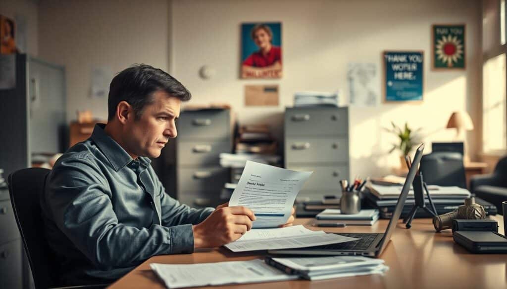 A well-organized, visually striking office setting showcasing a job applicant sitting at a desk, looking frustrated while reviewing their resume. In the foreground, the applicant, dressed in professional business attire, has an expression of disappointment as they spot errors in the portrayal of their skills. The middle ground features a cluttered desk filled with papers, a laptop open to a document, and a large, clear thank-you letter, highlighting the contrast between a well-written note and the flawed resume. In the background, soft-focus office elements add depth, like filing cabinets and motivational posters. The lighting is bright and natural, reminiscent of a sunny day, casting soft shadows. Shot on a Sony A7R IV at 70mm, with a polarized filter for enhanced clarity and detail, conveying an atmosphere of learning from mistakes.