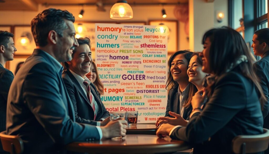 A whimsical and insightful scene illustrating the psychology of humor and sayings. In the foreground, a diverse group of people in professional attire, engaged in animated conversation, with warm smiles and laughter shared among them. The middle layer features a vibrant collage of famous humorous quotes, symbolizing the connection and understanding brought by humor. The background displays a cozy café atmosphere with soft, ambient lighting, accentuating a relaxed yet engaging mood. The image is captured with a Sony A7R IV at 70mm, clearly focused with a polarized filter to enhance colors and details. The overall tone is light-hearted and inviting, showcasing the bond that humor creates in social interactions, without any text or distractions. A whimsical and insightful scene illustrating the psychology of humor and sayings. In the foreground, a diverse group of people in professional attire, engaged in animated conversation, with warm smiles and laughter shared among them. The middle layer features a vibrant collage of famous humorous quotes, symbolizing the connection and understanding brought by humor. The background displays a cozy café atmosphere with soft, ambient lighting, accentuating a relaxed yet engaging mood. The image is captured with a Sony A7R IV at 70mm, clearly focused with a polarized filter to enhance colors and details. The overall tone is light-hearted and inviting, showcasing the bond that humor creates in social interactions, without any text or distractions.